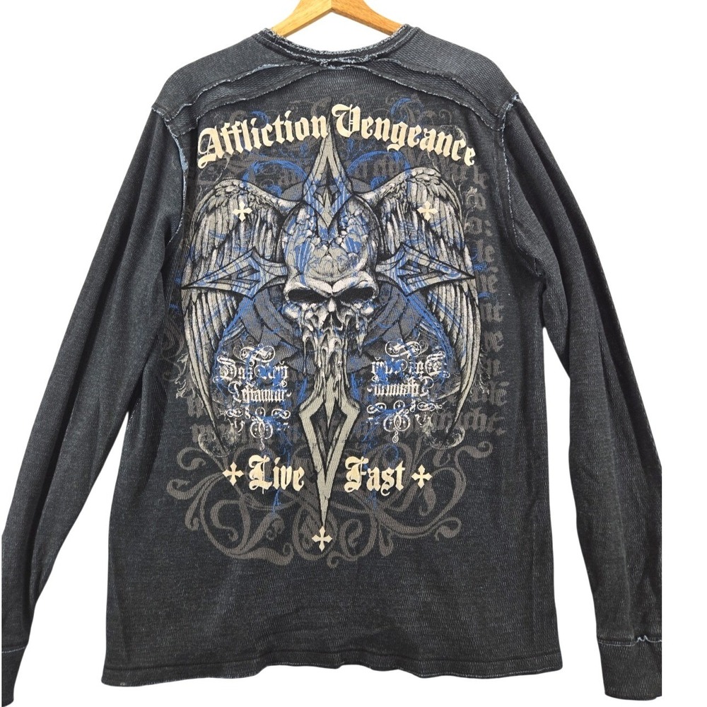 Affliction Vengeance Mens 2XL Black Thermal Graphic Long Sleeve Skull Shirt